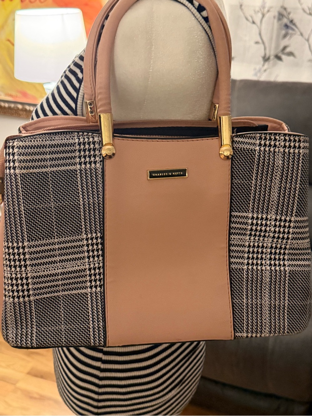 Charles & Keith Blush Pink Plaid Satchel with Gold Accents